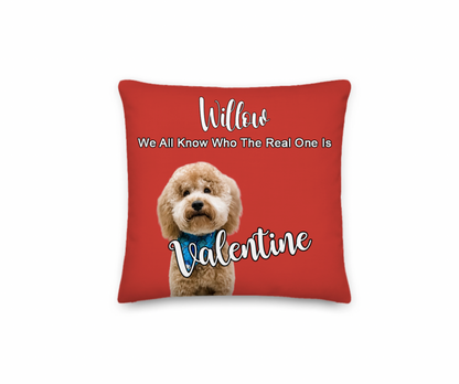 Red pillow with a dog illustration and text on a white background