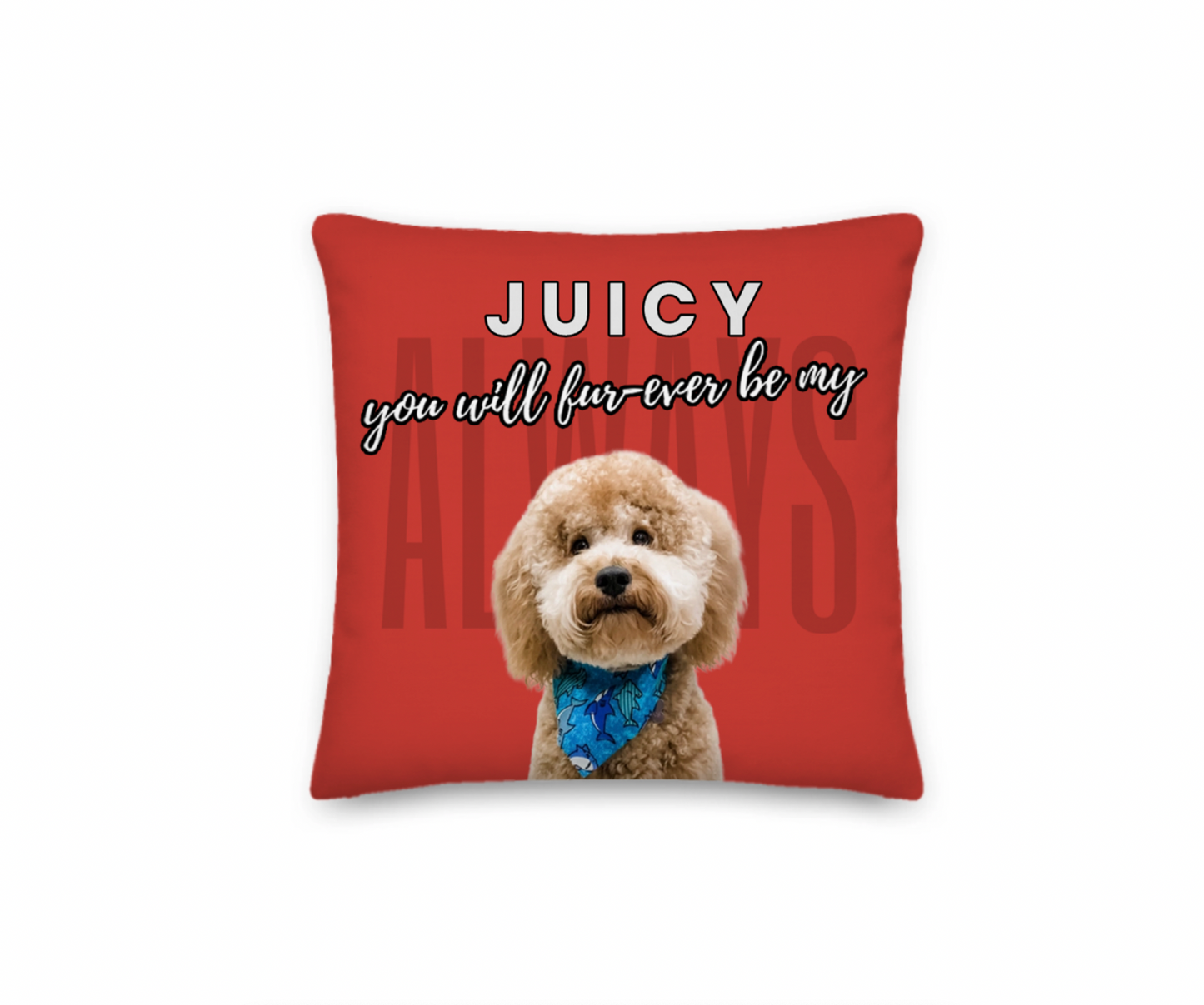 Red pillow with a dog's face and text on a white background