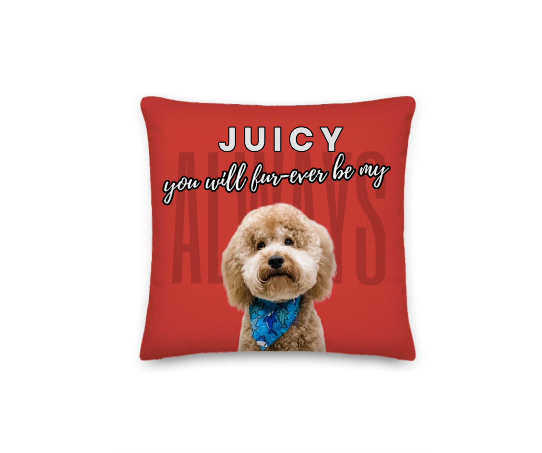 Red pillow with a dog's face and text on a white background
