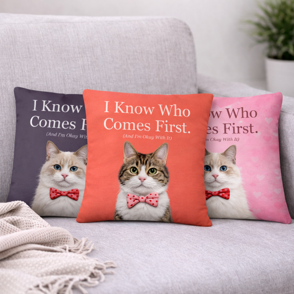 Three pillows with cat illustrations and humorous text on a couch.
