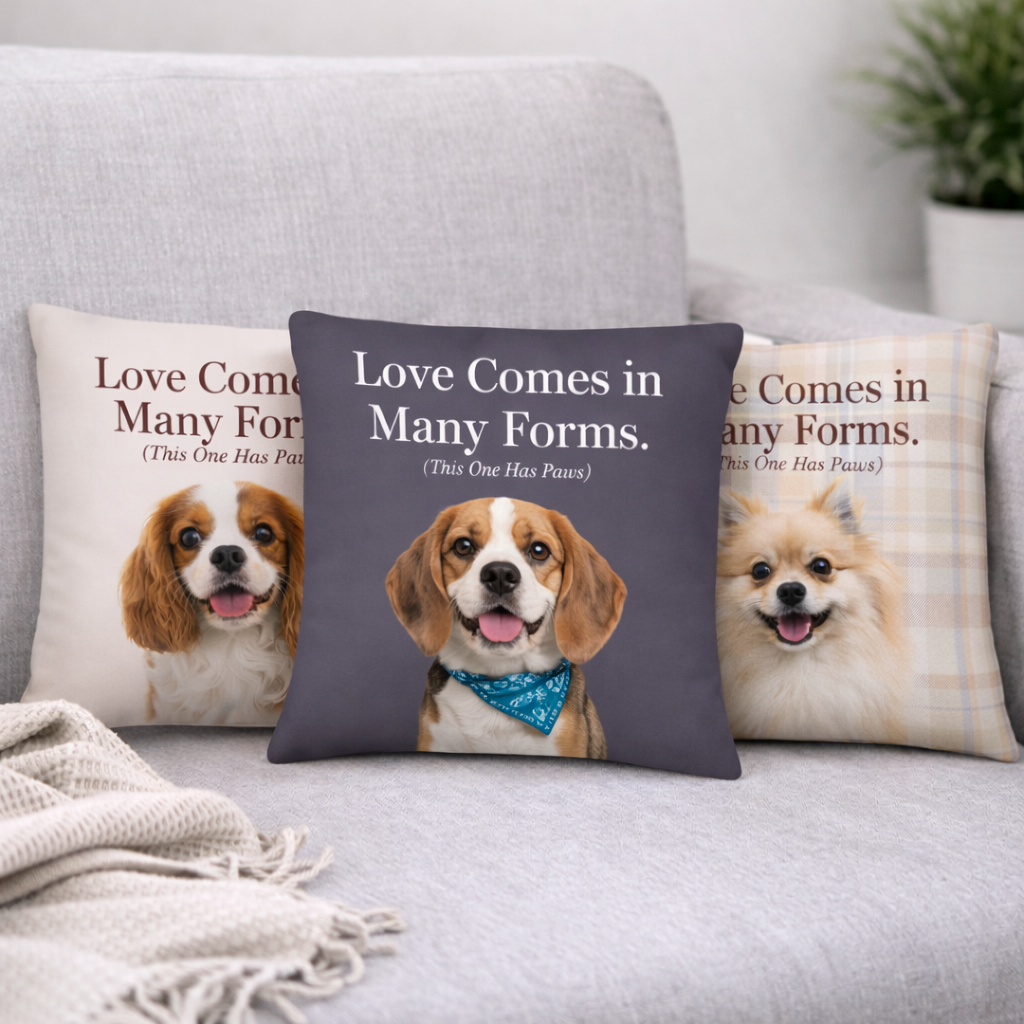 Three pillows with dog illustrations and text on a gray couch.