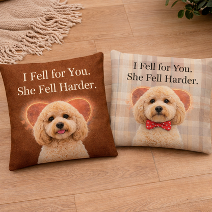 Two decorative pillows with a dog illustration and humorous text on a wooden floor.