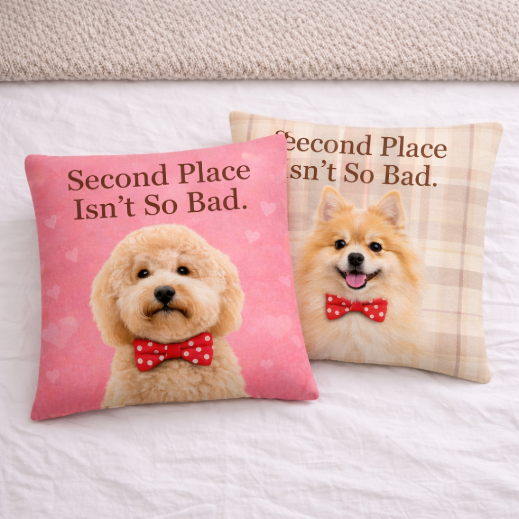 Two decorative pillows with dog illustrations and text on a bed.