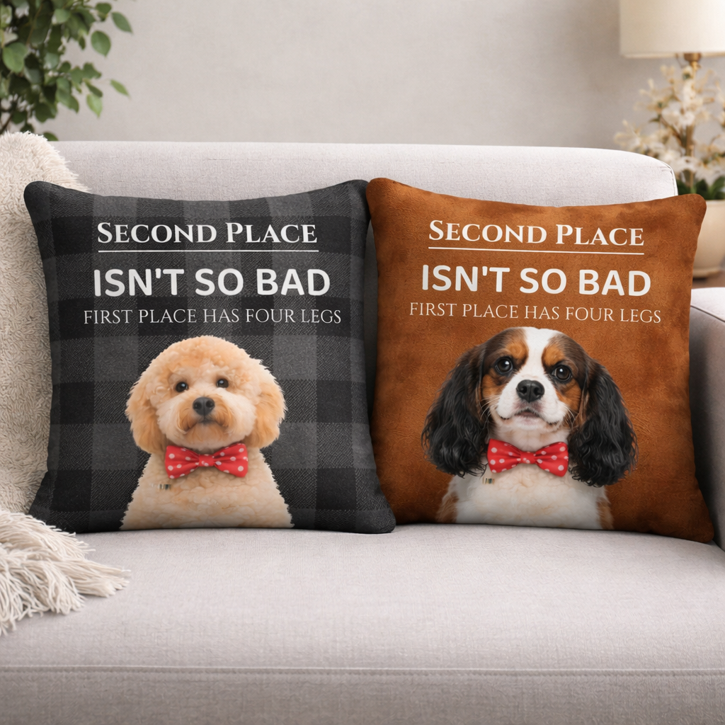 Two decorative pillows with dogs and humorous text on a couch.