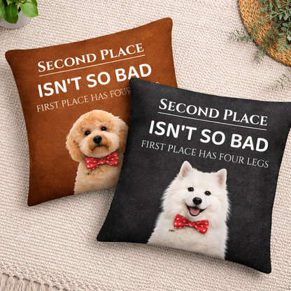 Two pillows with dog illustrations and humorous text on a textured surface.