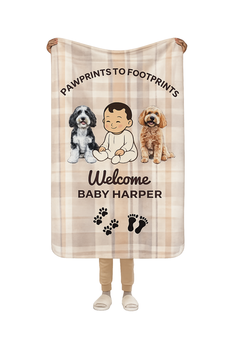 Personalized baby blanket with puppies and text on a checkered background
