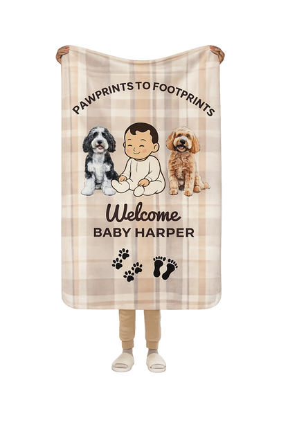 Personalized baby blanket with puppies and text on a checkered background