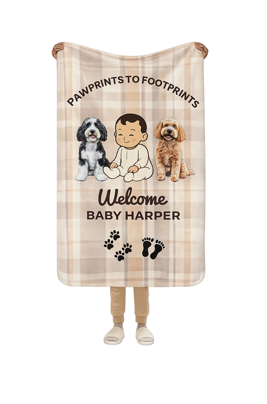 Personalized baby blanket with puppies and text on a checkered background