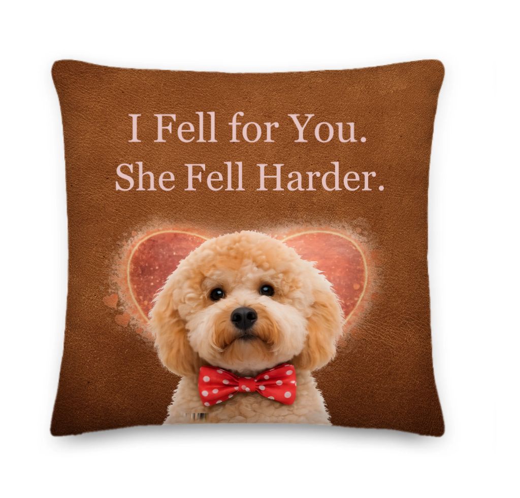 brown pillow with i fell for you but she fell harder makes the perfect gift for a pet parent who puts their pet first