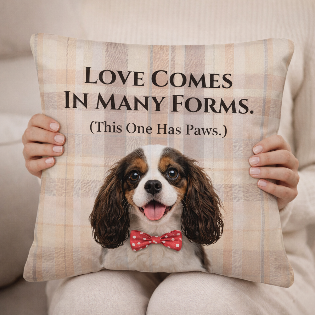 Pillow with a dog illustration and text 'Love comes in many forms. (This one has paws).'