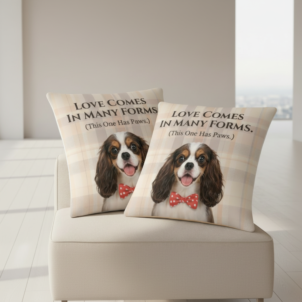 Two pillows with a dog design and text on a beige chair.
