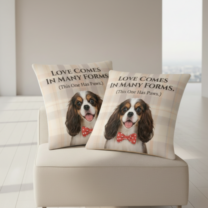 Two pillows with a dog design and text on a beige chair.