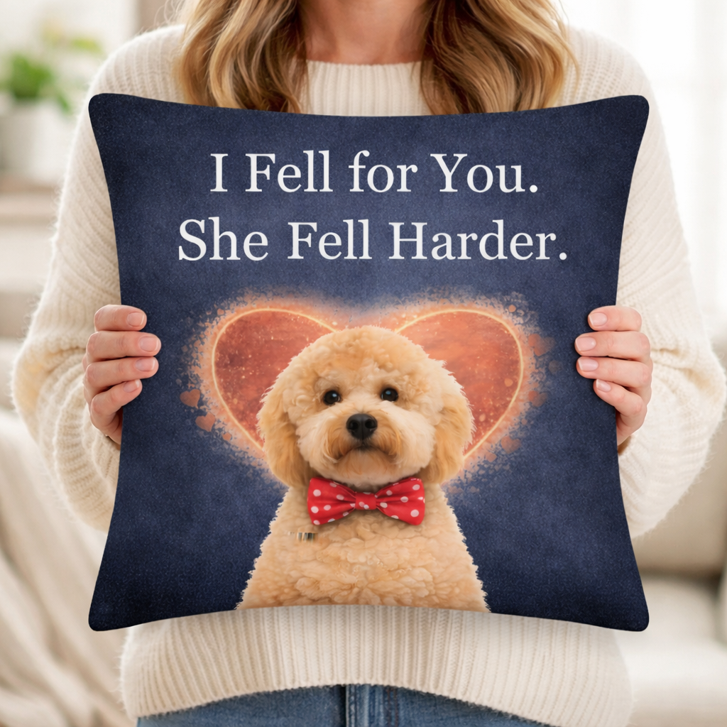 Person holding a pillow with a dog illustration and text 'I Fell for You. She Fell Harder.'
