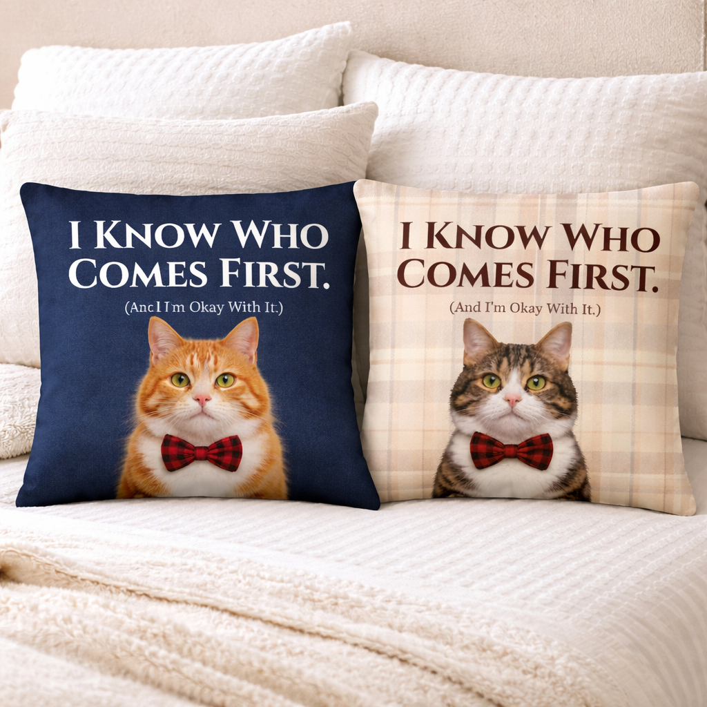 Two pillows with cat illustrations and humorous text on a beige couch.