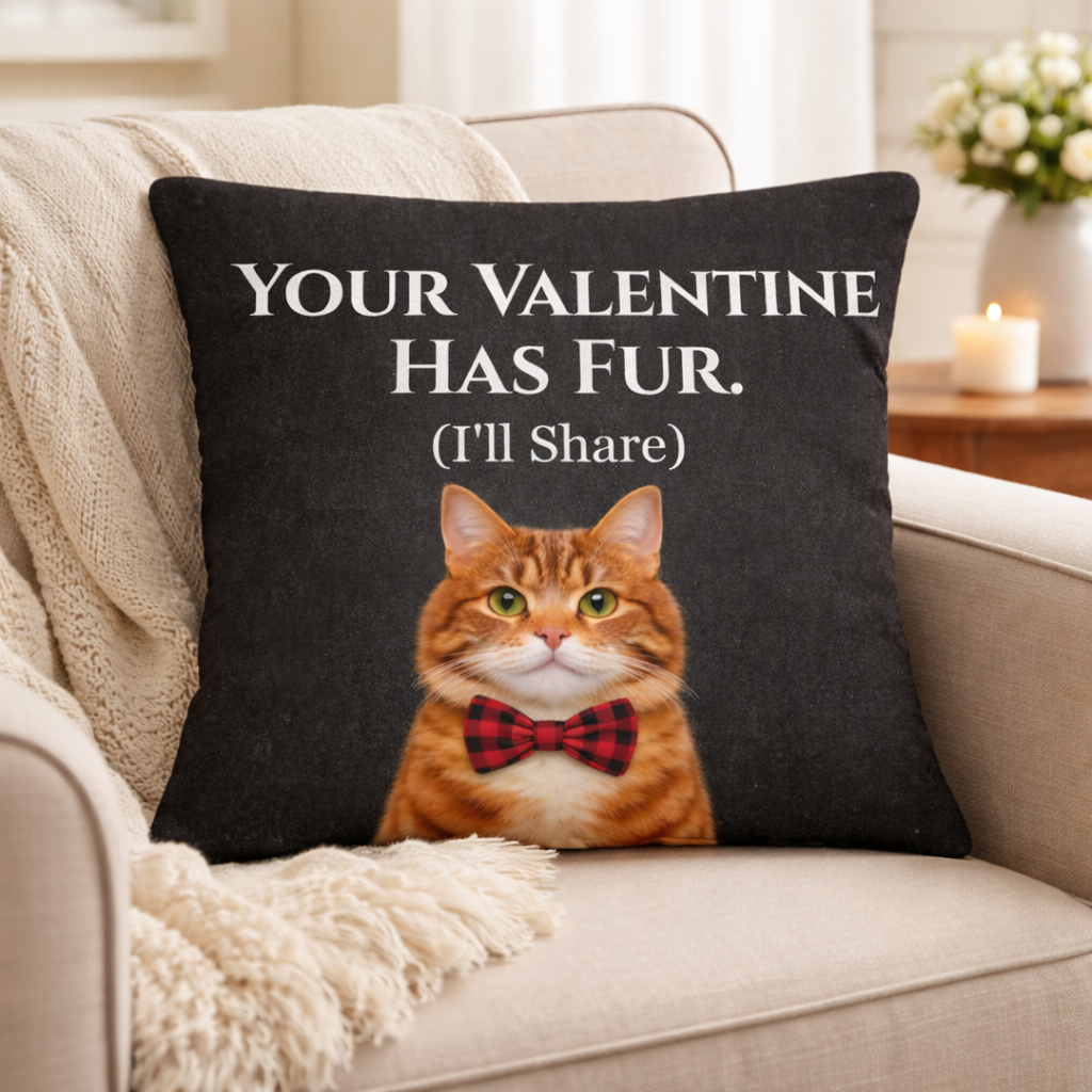 Pillow with a cat illustration and text on a couch