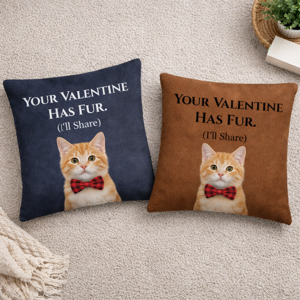 Two pillows with a cat illustration and humorous text on a carpeted floor.