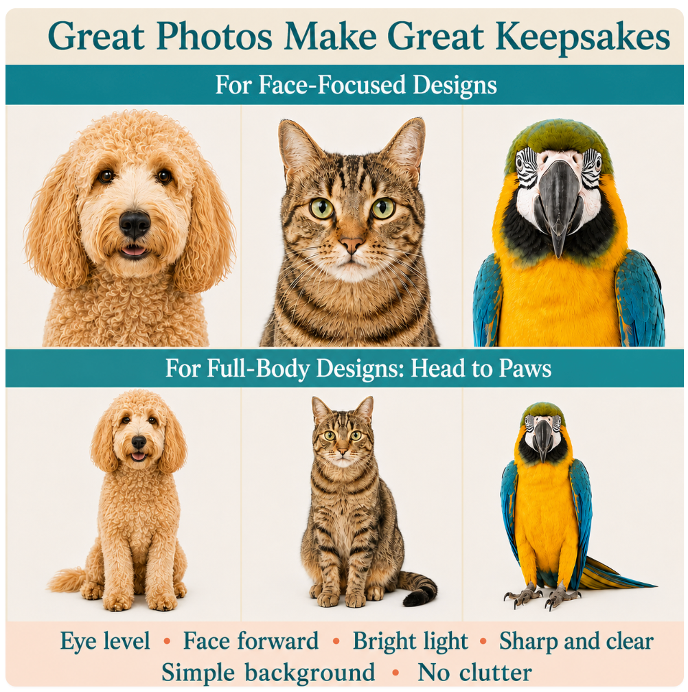 Promotional graphic for a pet portrait photo service, showing six animal portraits (two dogs, two cats, one parrot) with text reading 'Great Photos Make Great Keepsakes' and guidelines for face-focused and full-body designs.