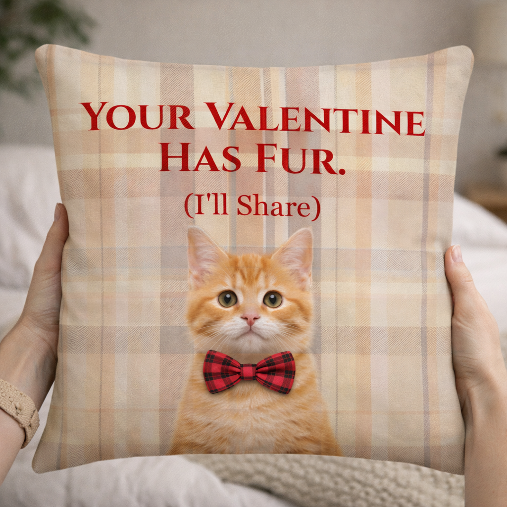 Plaid pillow with a cat wearing a bow tie and text 'Your Valentine Has Fur. (I'll Share)'