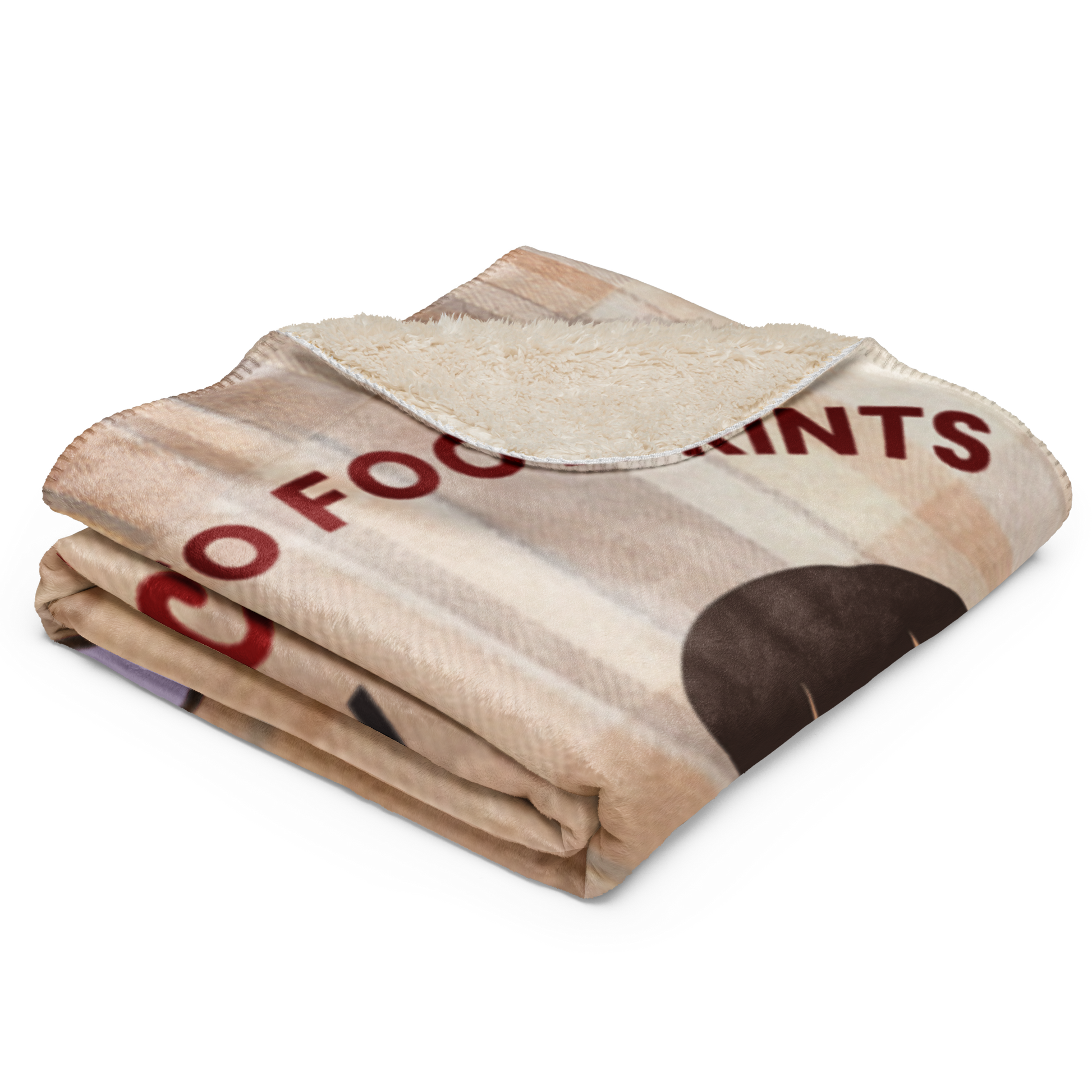 Folded blanket with visible text on a white background