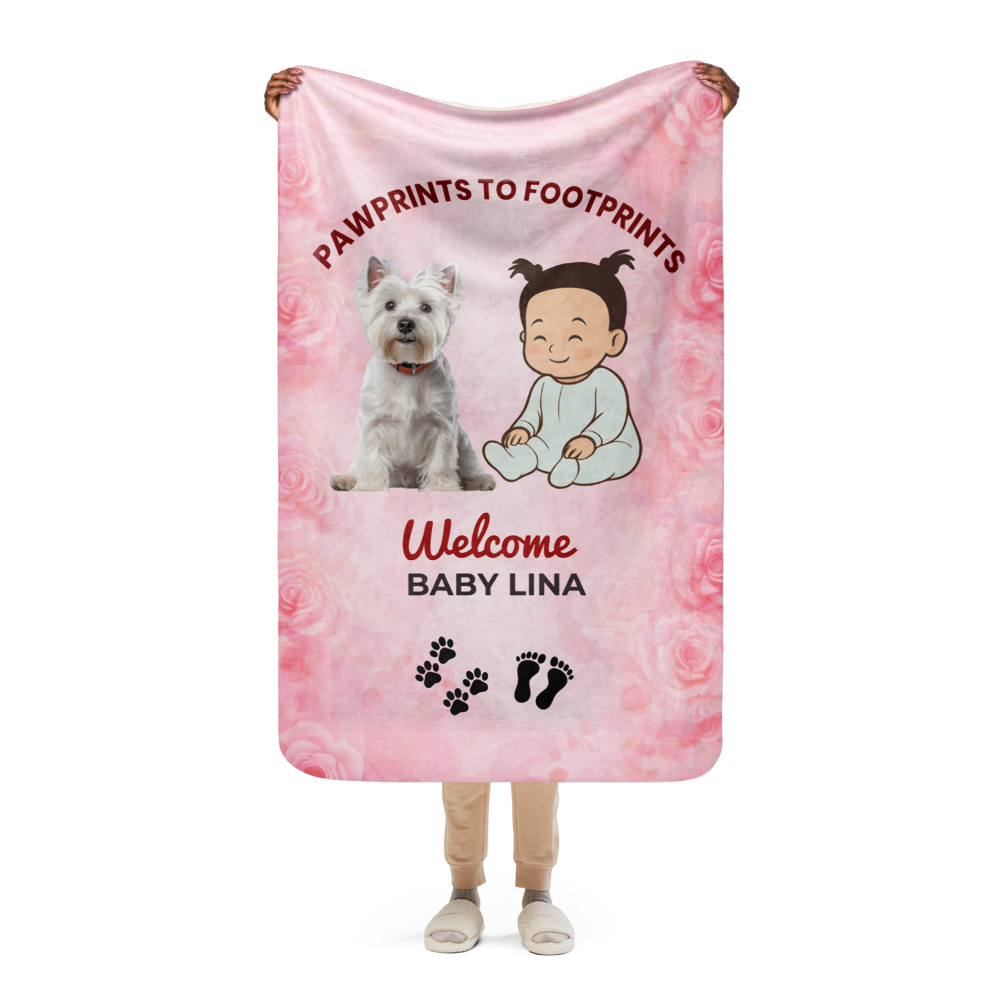 Person holding a pink baby blanket with a dog and baby illustration, text 'Pawprints to Footprints Welcome Baby Lina', and floral design.