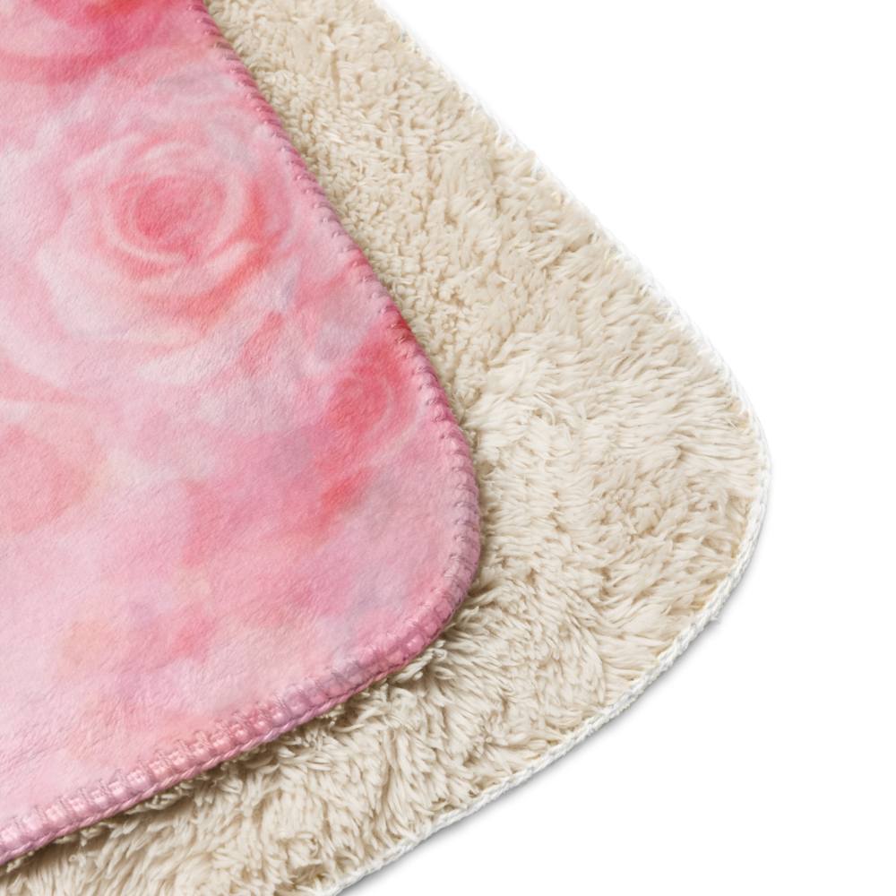 Close-up of a pink and beige bath mat corner